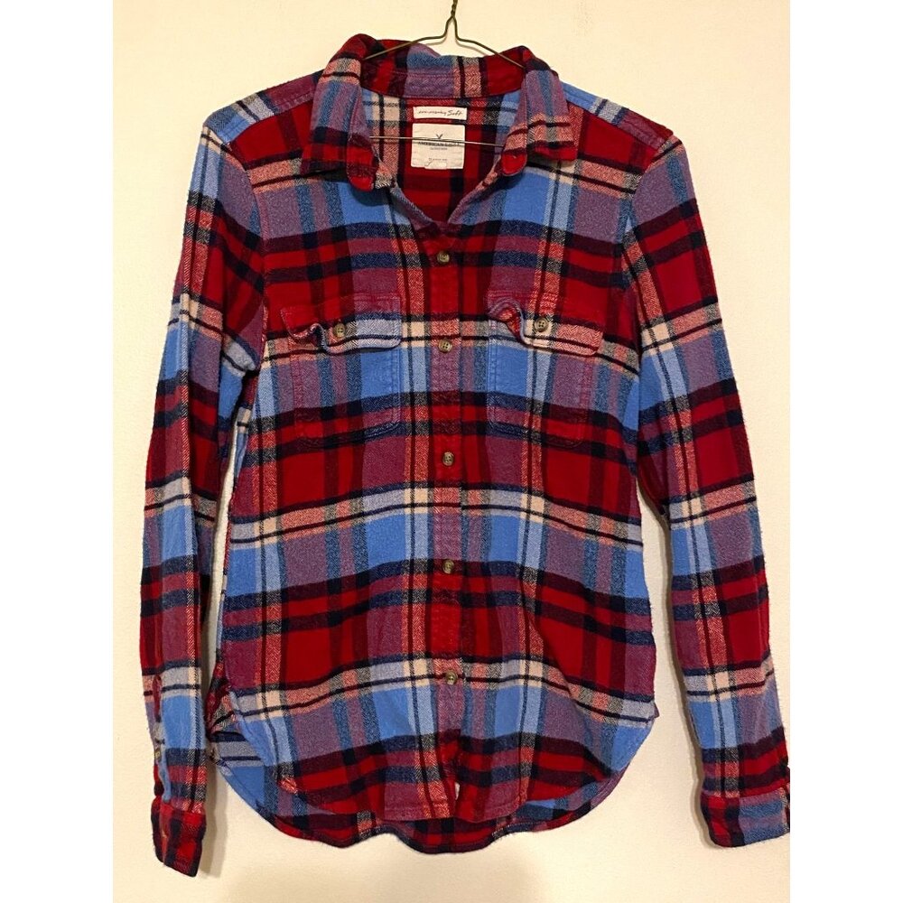 American Eagle Ahh-Mazingly Soft Plaid Button Down Size Medium Red Blue